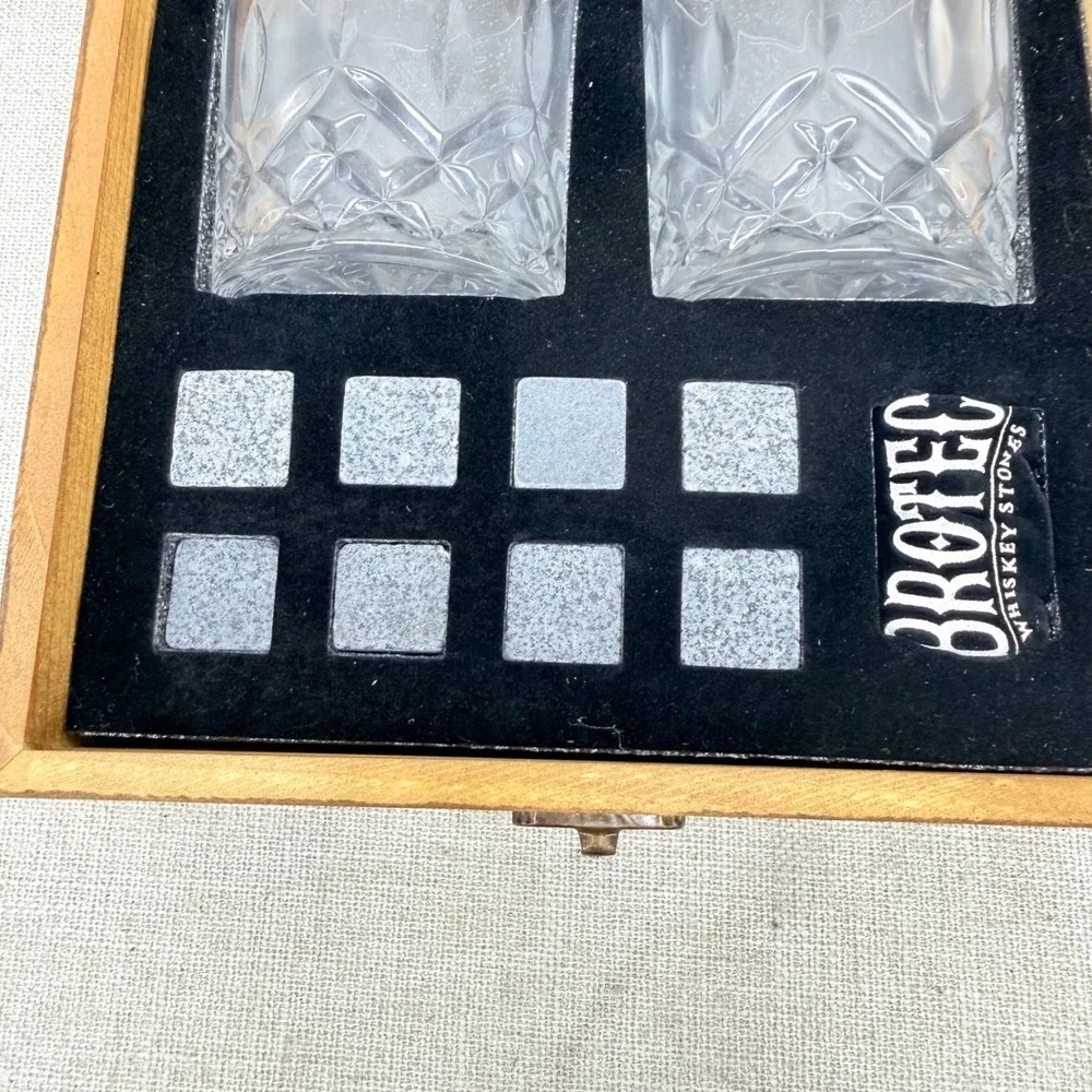 Brotec Whiskey Stones Gift Set with 2 Glasses 8 Granite Rocks Wooden Box